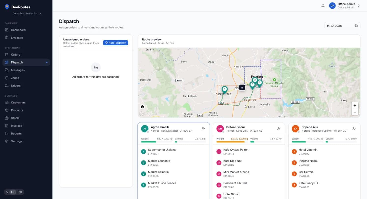 BeeRoutes dispatch screen: a planned day for three trucks on the map