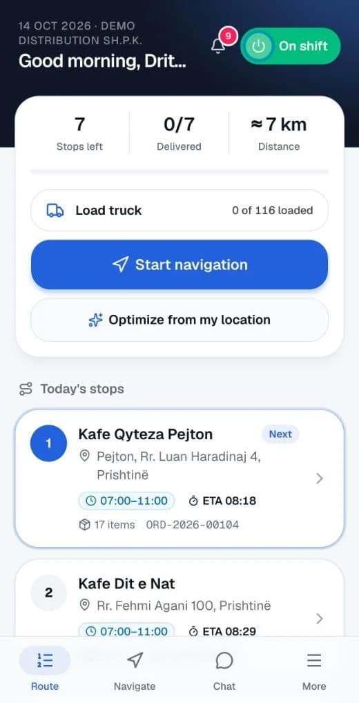 BeeRoutes driver app: today's route